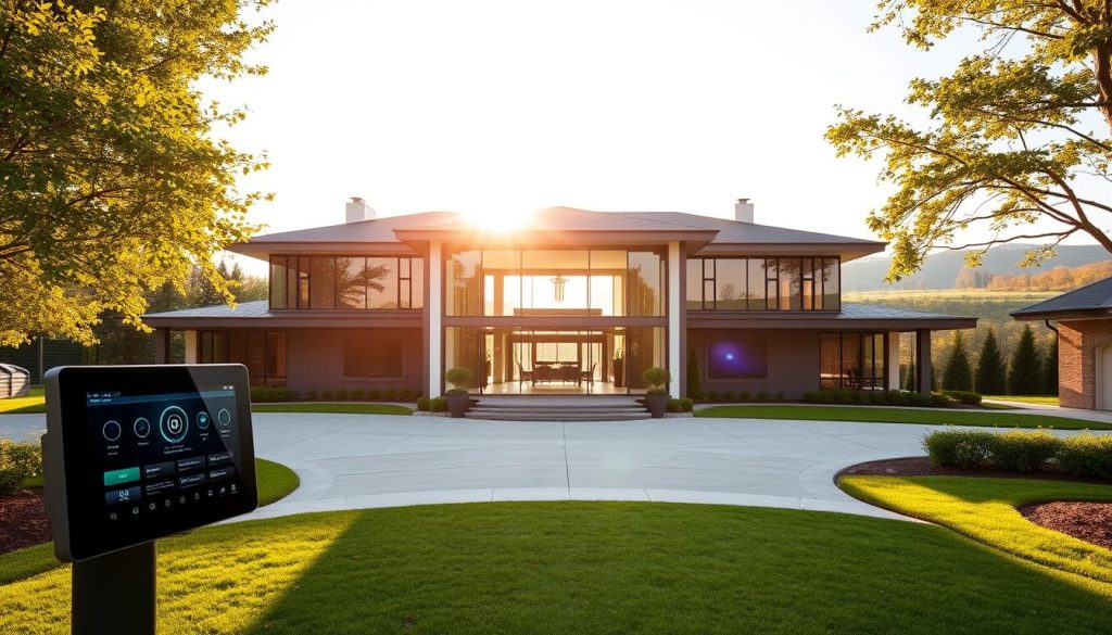 A sprawling Control4 smart home in the heart of Barrington Hills, IL, basking in warm afternoon light. The front facade features a sleek, modern design with floor-to-ceiling windows and a minimalist aesthetic. In the foreground, a Control4 touch panel seamlessly integrates lighting, climate, and entertainment systems. Lush greenery and rolling hills frame the scene, conveying a sense of tranquility and connectivity. Inside, high-end TVs, discreet speakers, and automated window shades create a cohesive, high-tech living experience. The overall atmosphere is one of sophisticated home automation, blending seamlessly with the beautiful natural surroundings of Barrington Hills. A sprawling Control4 smart home in the heart of Barrington Hills, IL, basking in warm afternoon light. The front facade features a sleek, modern design with floor-to-ceiling windows and a minimalist aesthetic. In the foreground, a Control4 touch panel seamlessly integrates lighting, climate, and entertainment systems. Lush greenery and rolling hills frame the scene, conveying a sense of tranquility and connectivity. Inside, high-end TVs, discreet speakers, and automated window shades create a cohesive, high-tech living experience. The overall atmosphere is one of sophisticated home automation, blending seamlessly with the beautiful natural surroundings of Barrington Hills.